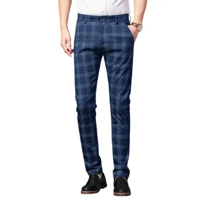 Navy Blue Checkered Plaid Chino Pants