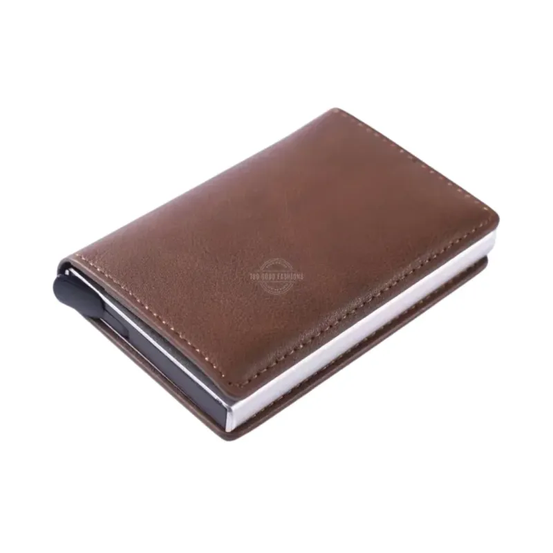 Coffee tri-fold leather slim wallet with RFID blocking and pop-up card holder