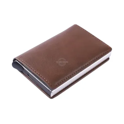 Coffee tri-fold leather slim wallet with RFID blocking and pop-up card holder