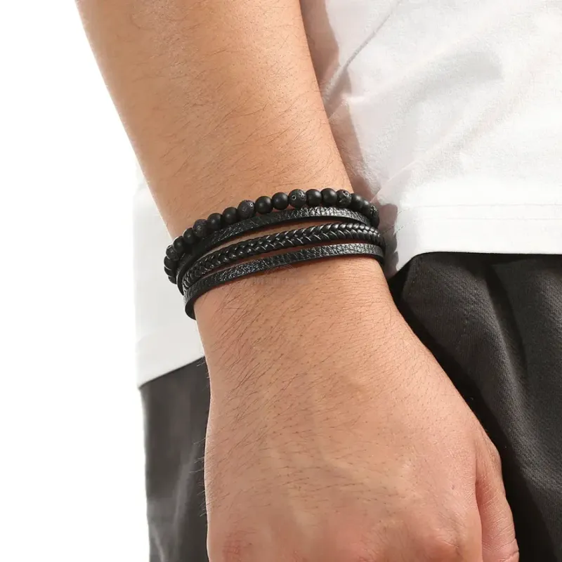 Black Leather &amp; Beaded Layered Bracelet with Magnetic Clasp