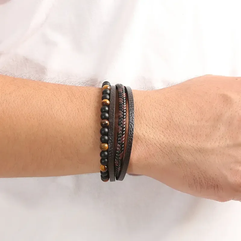 Brown Leather &amp; Beaded Layered Bracelet with Magnetic Clasp