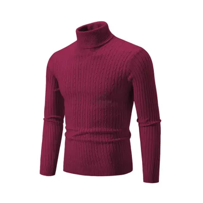 Men&#39;s wine red slim-fit knitted turtleneck sweater