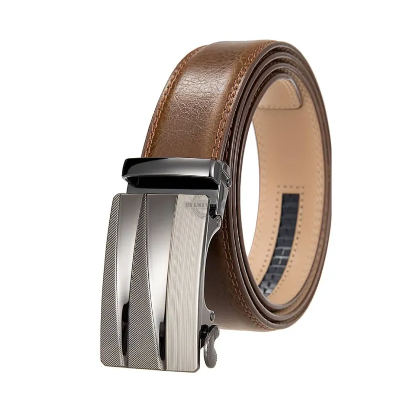 Brown leather ratchet belt with automatic buckle – adjustable &amp; hole-free design