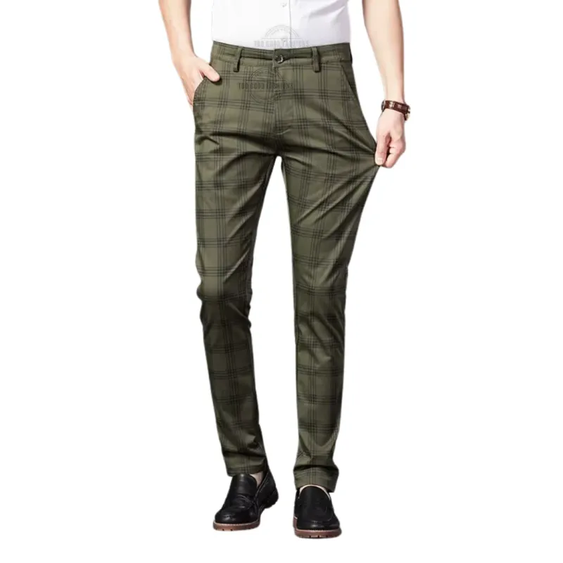 Olive Green Checkered Plaid Chino Pants