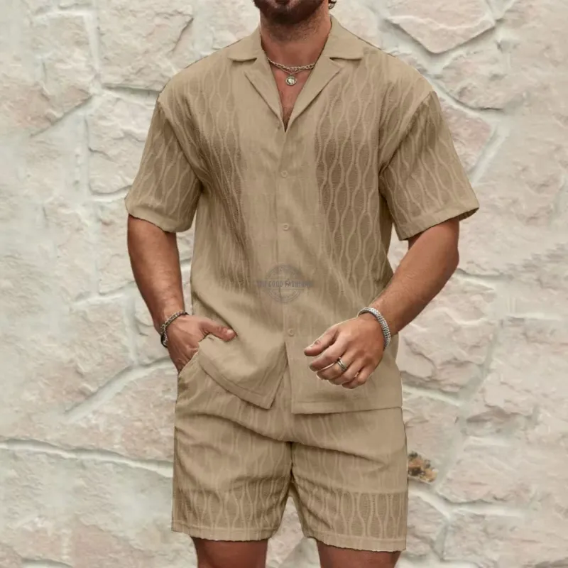 Khaki Patterned Shirt &amp; Pants Two Piece Casual Set