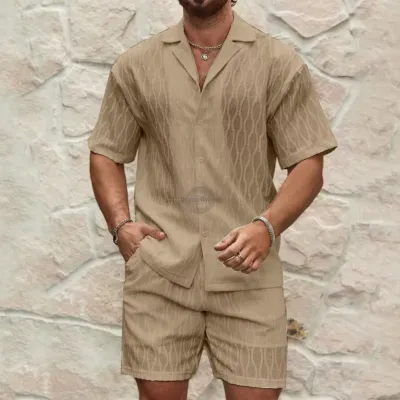 Khaki Patterned Shirt &amp; Pants Two Piece Casual Set