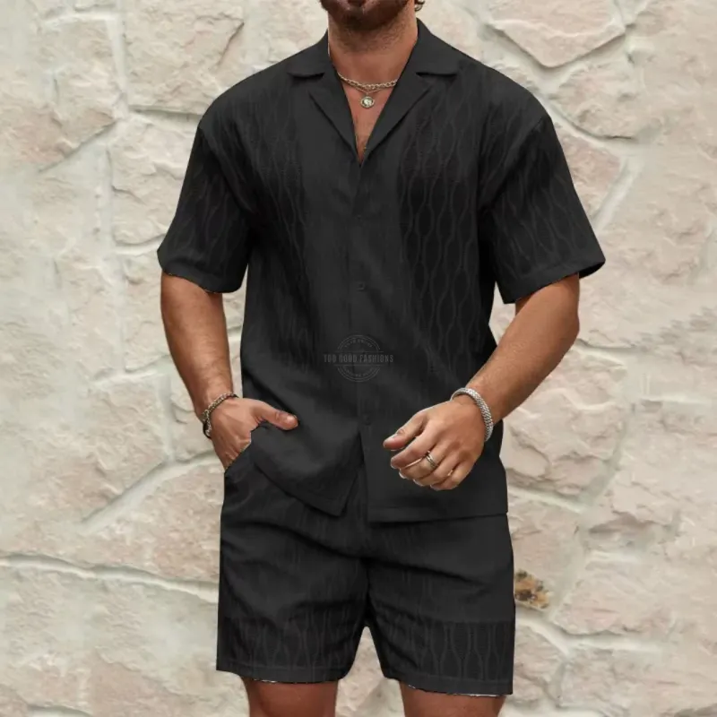 Black Patterned Shirt &amp; Pants Two Piece Casual Set