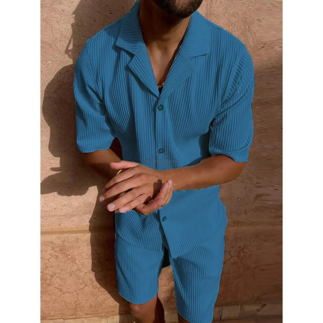 Blue Ribbed Shirt &amp; Pants Two Piece Casual Set