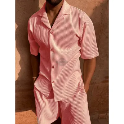 Pink Ribbed Shirt &amp; Pants Two Piece Casual Set