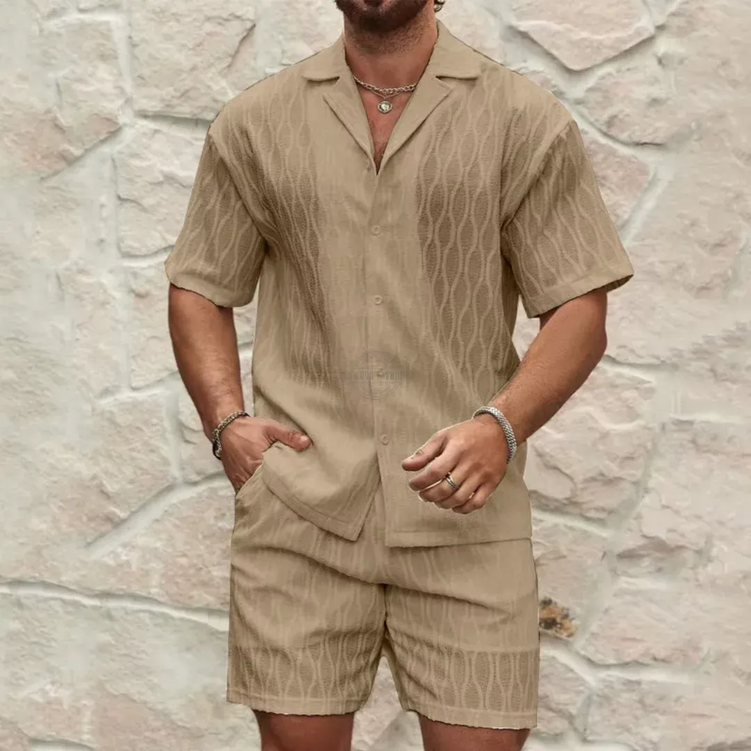 Khaki Patterned Shirt &amp; Pants Two Piece Casual Set