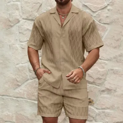Khaki Patterned Shirt &amp; Pants Two Piece Casual Set