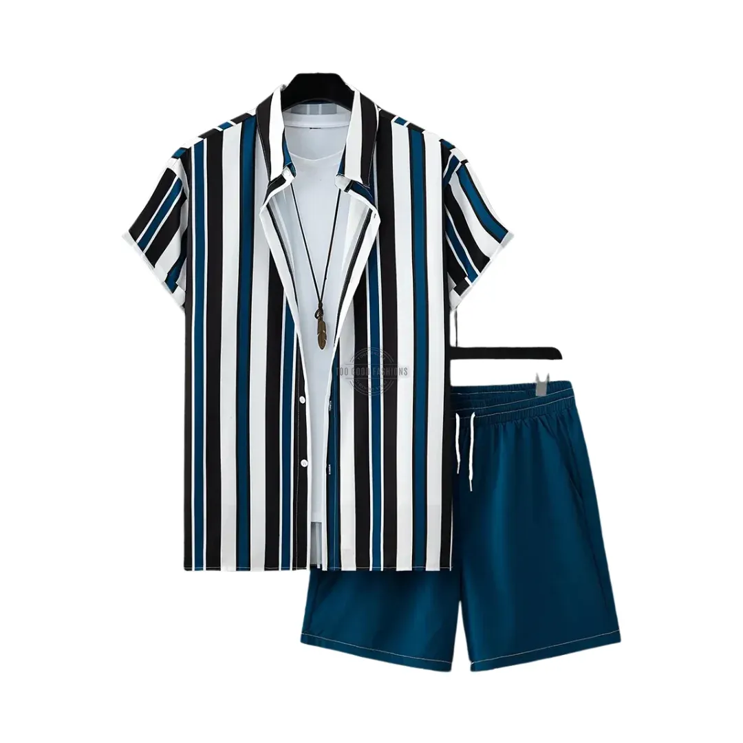 Dark Blue Striped Shirt &amp; Pants Two-Piece Set