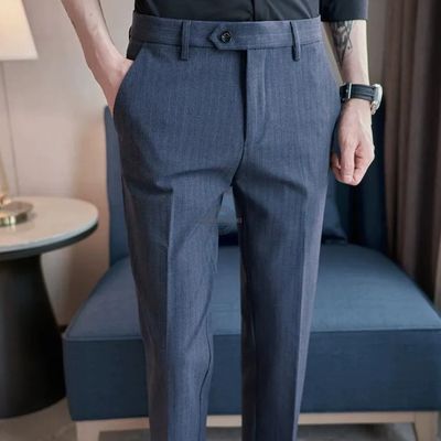 Navy Blue Pinstripe Slim-Fit Trouser Pants