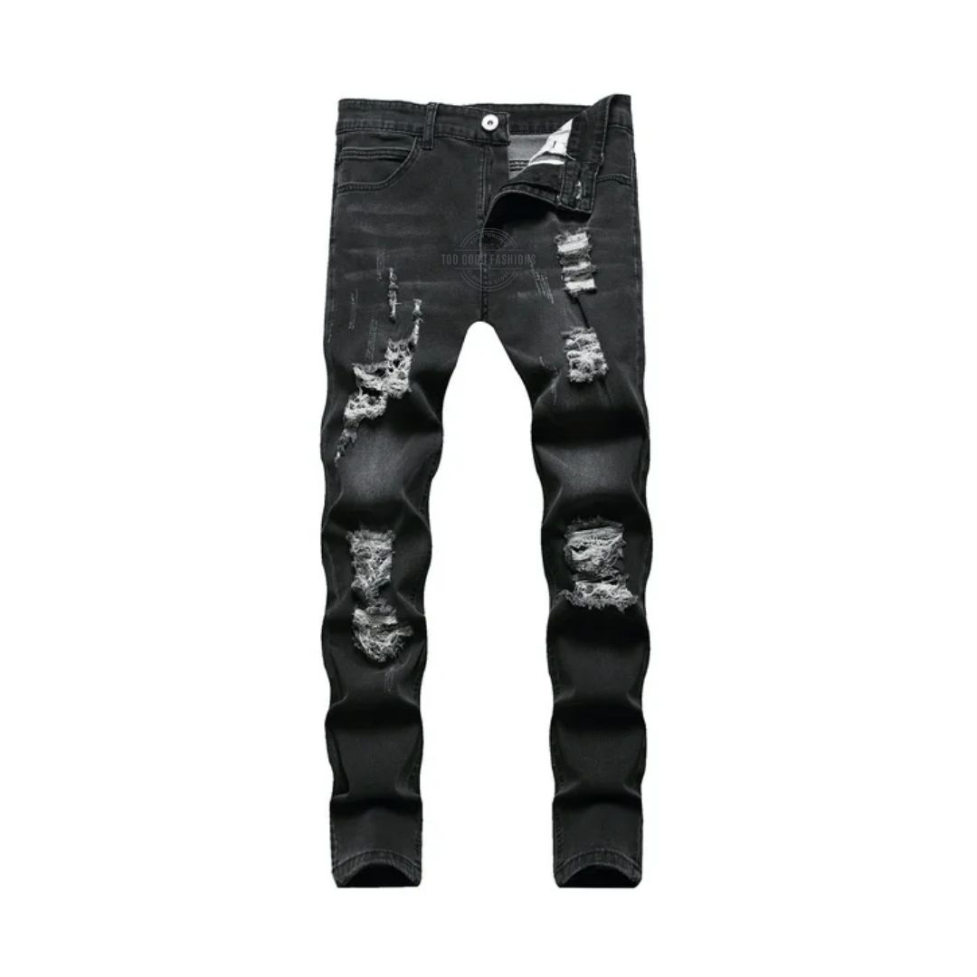 Dark Grey Wash Distressed Slim-Fit Jeans