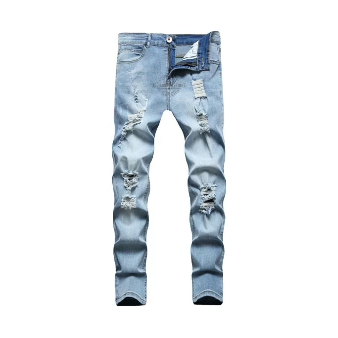 Light Blue Wash Distressed Slim-Fit Jeans