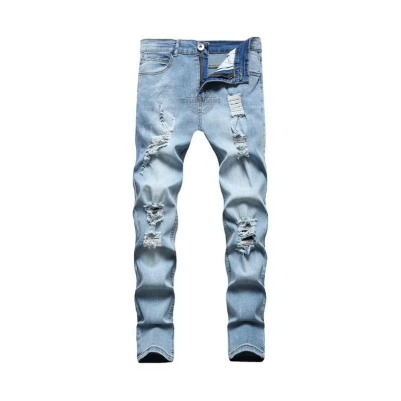 Light Blue Wash Distressed Slim-Fit Jeans