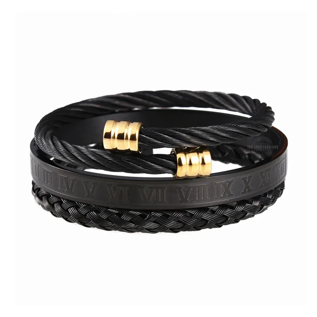 Roman Numerals Rope Bracelet 3 Piece Set in Black