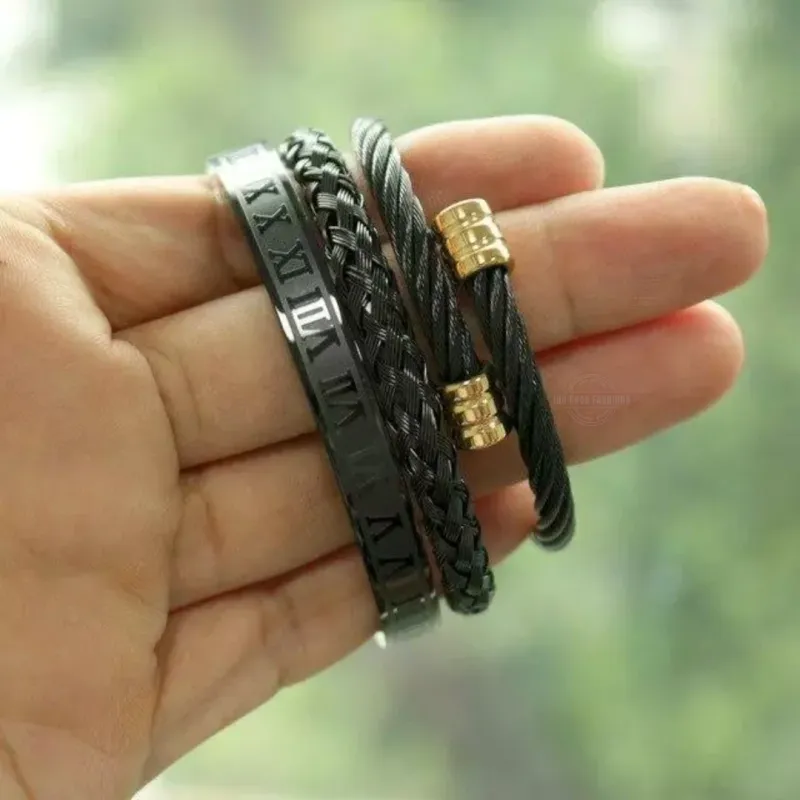 Roman Numerals Rope Bracelet 3 Piece Set in Black