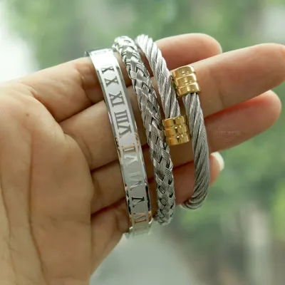 Roman Numerals Rope Bracelet 3 Piece Set in Silver
