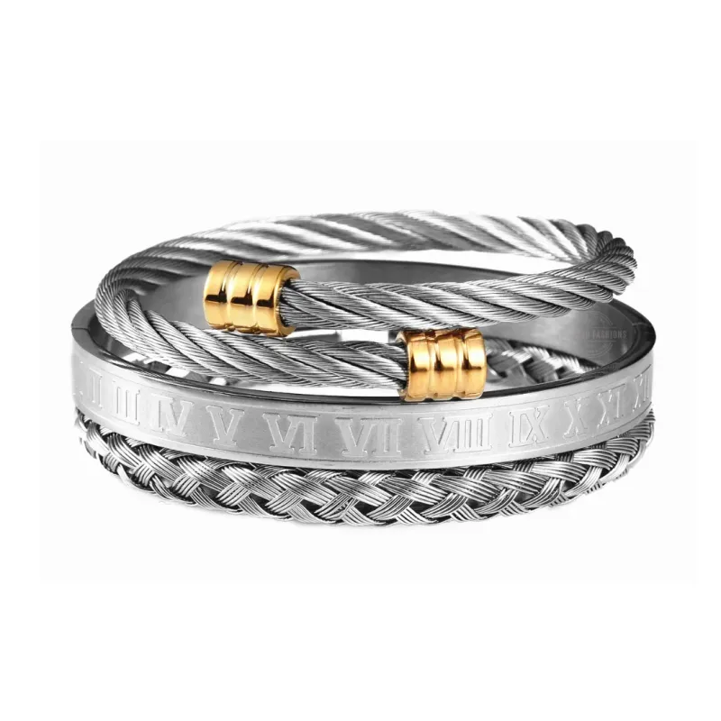 Roman Numerals Rope Bracelet 3 Piece Set in Silver