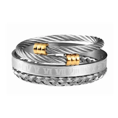 Roman Numerals Rope Bracelet 3 Piece Set in Silver