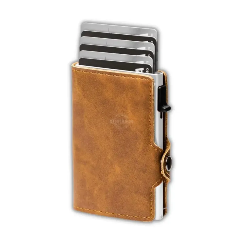 Tan Tri-Fold Leather Slim Wallet - RFID Blocking, Pop-up Card Holder &amp; Clasp