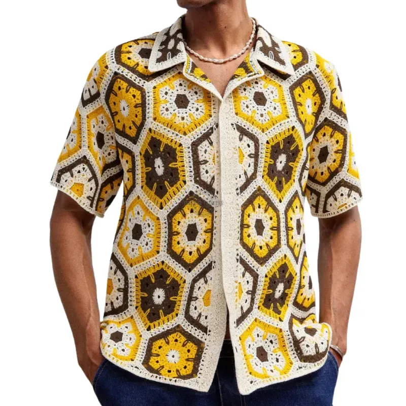 Sunny Crochet Knit Short-Sleeve Shirt