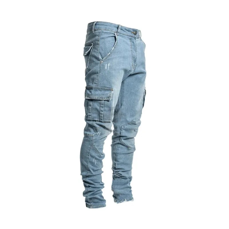Light Blue Wash Slim-Fit Cargo Jeans