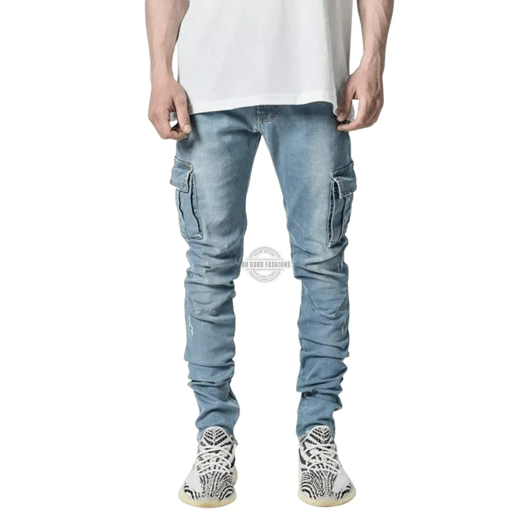Light Blue Wash Slim-Fit Cargo Jeans