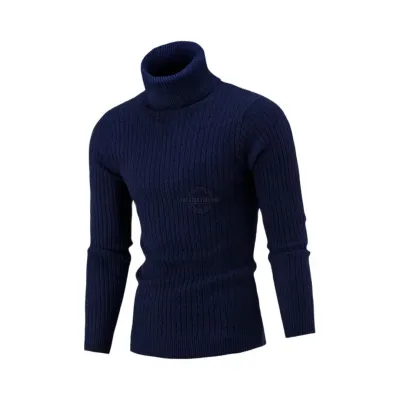 Navy Blue Knitted Slim-Fit Turtleneck Sweater