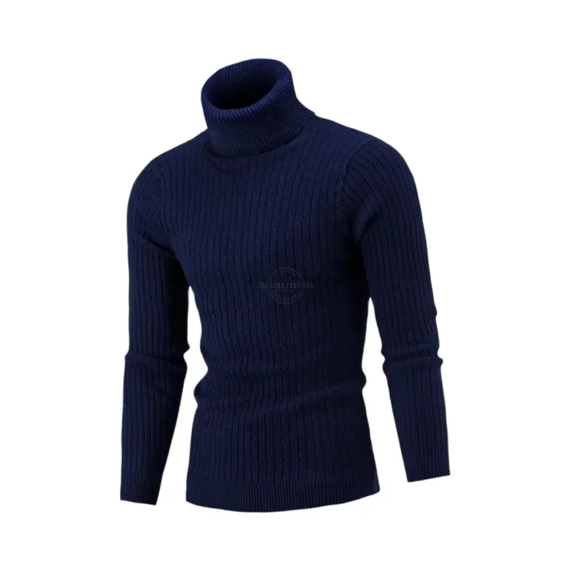 Navy Blue Knitted Slim-Fit Turtleneck Sweater