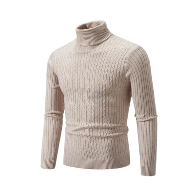 Men's beige slim-fit knitted turtleneck sweater
