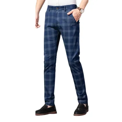 Navy Blue Checkered Plaid Chino Pants Men's navy checkered plaid chino pants