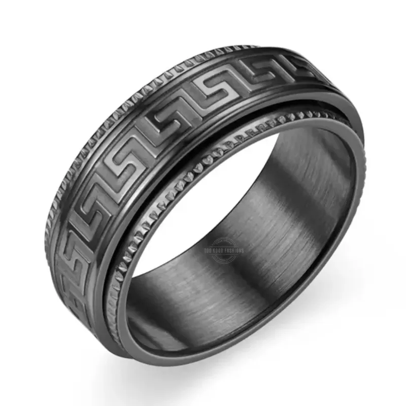 Black stainless steel rotating ring for men with manifestation message, bold and stylish

