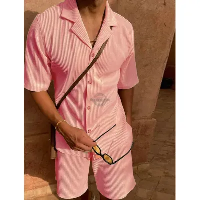 Pink Ribbed Shirt &amp; Pants Two Piece Casual Set
