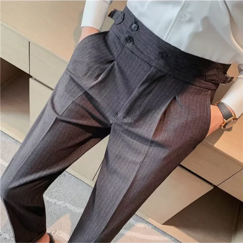 Men's charcoal pinstripe tapered dress pants with button front