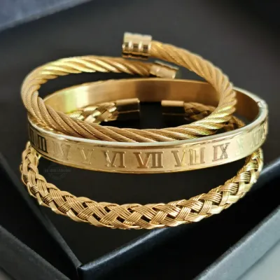 Roman Numerals Rope Bracelet 3 Piece Set in Gold