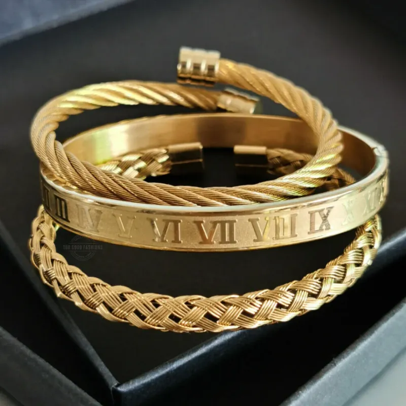 Roman Numerals Rope Bracelet 3 Piece Set in Gold