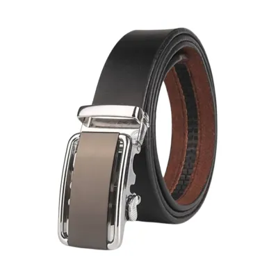 Black leather ratchet belt with automatic buckle – adjustable &amp; hole-free design