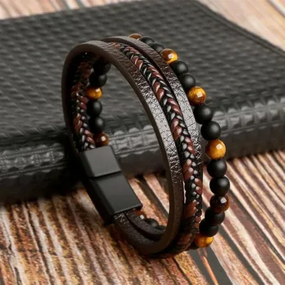 Brown leather and beaded layered bracelet with magnetic clasp