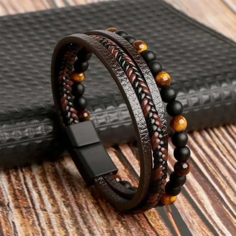 Brown leather and beaded layered bracelet with magnetic clasp