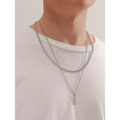 Men’s silver layered necklace set with dual pendants, sleek and modern design

