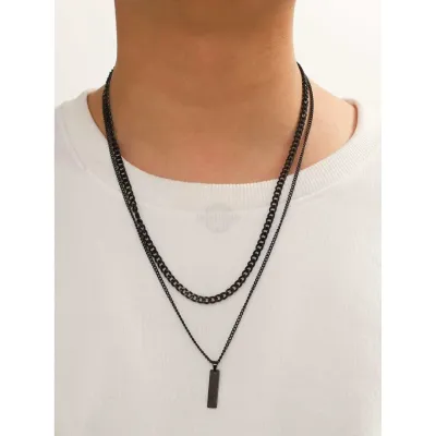 Men’s black layered necklace set with double pendants, bold and versatile jewelry

