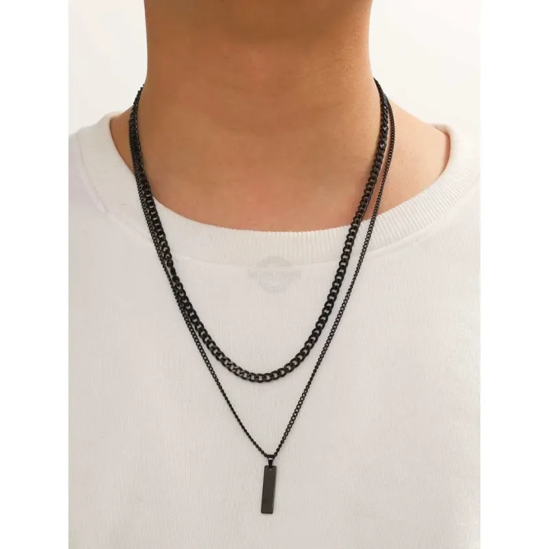 Men’s black layered necklace set with double pendants, bold and versatile jewelry

