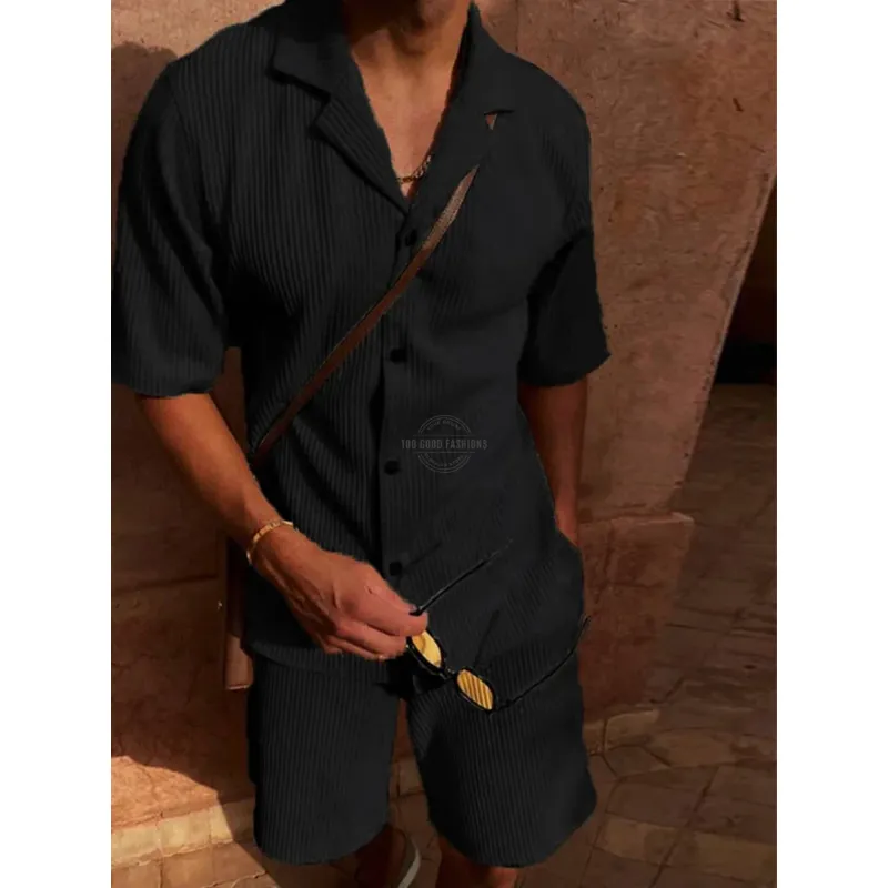 Black Ribbed Shirt &amp; Pants Two Piece Casual Set