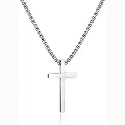 Men’s silver stainless steel cross pendant necklace, durable and stylish accessory
