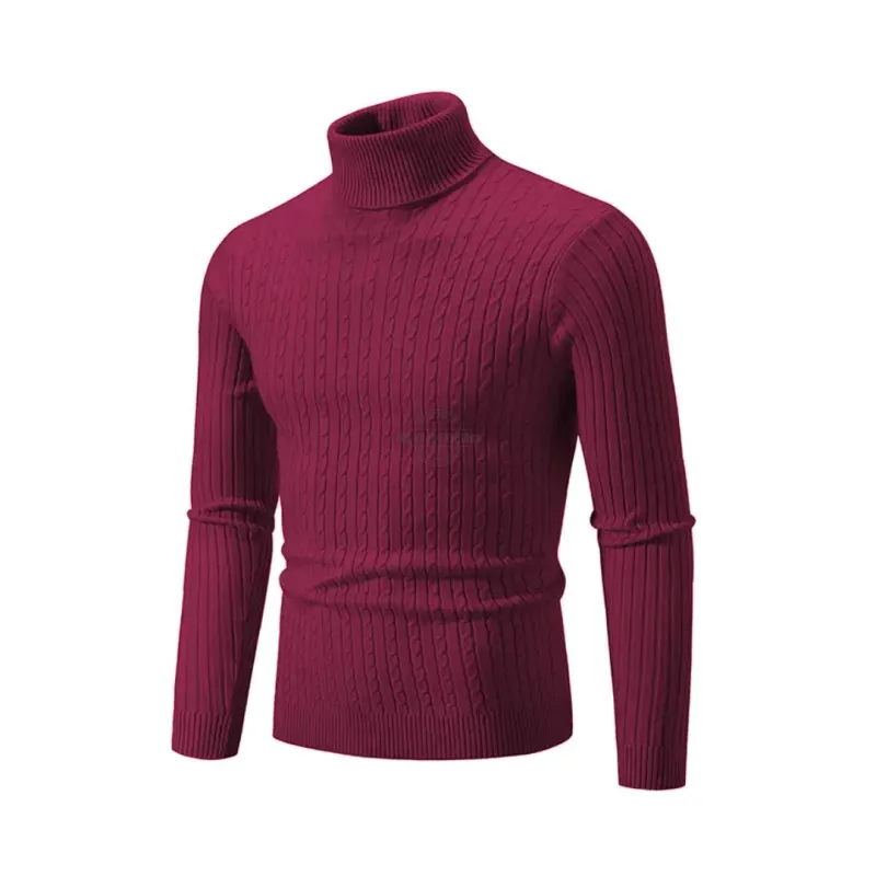 Men's wine red slim-fit knitted turtleneck sweater