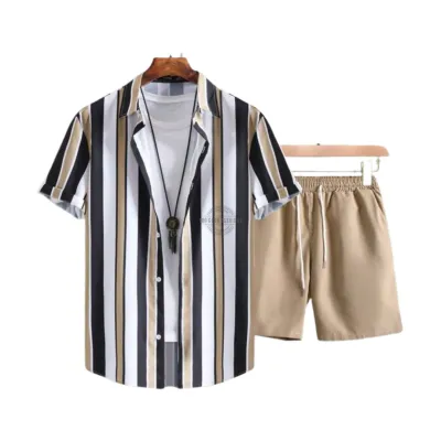 Sandy Beige Striped Shirt &amp; Pants Two-Piece Set