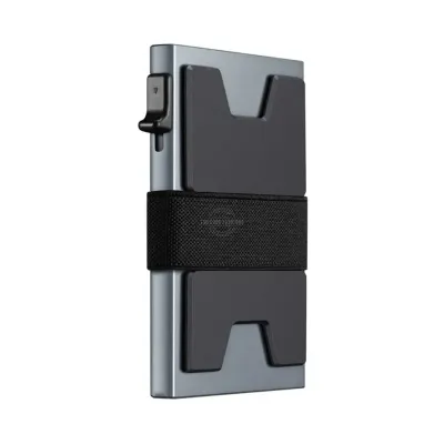 Gray aluminum slim wallet with expandable backplate and RFID blocking