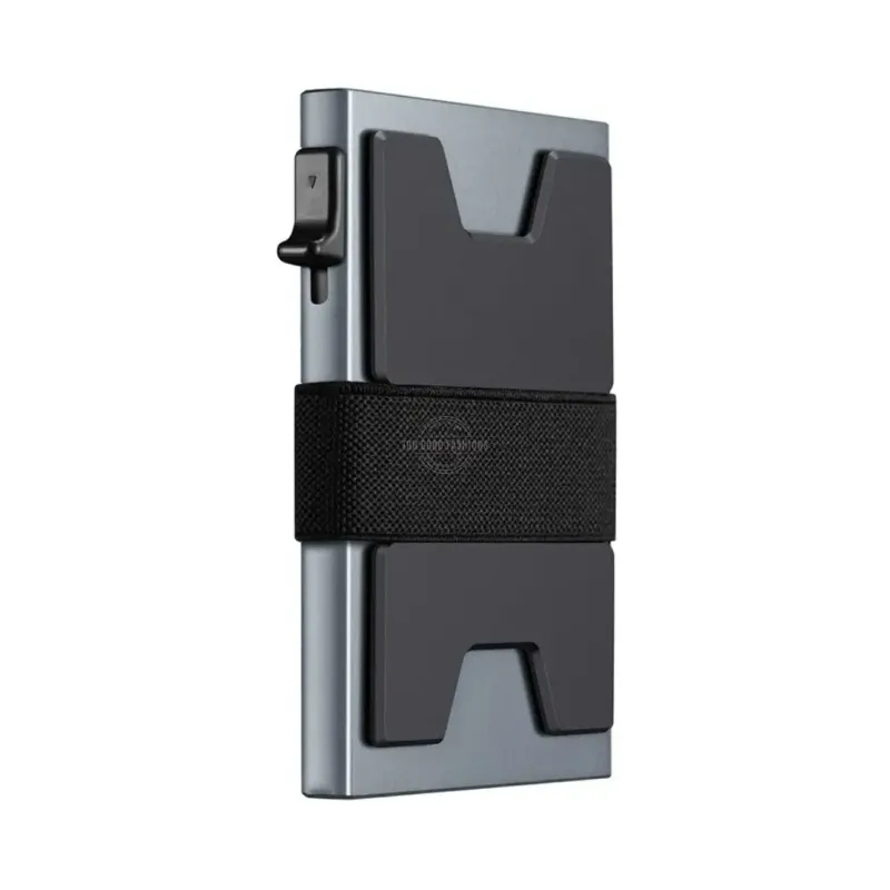 Gray aluminum slim wallet with expandable backplate and RFID blocking
